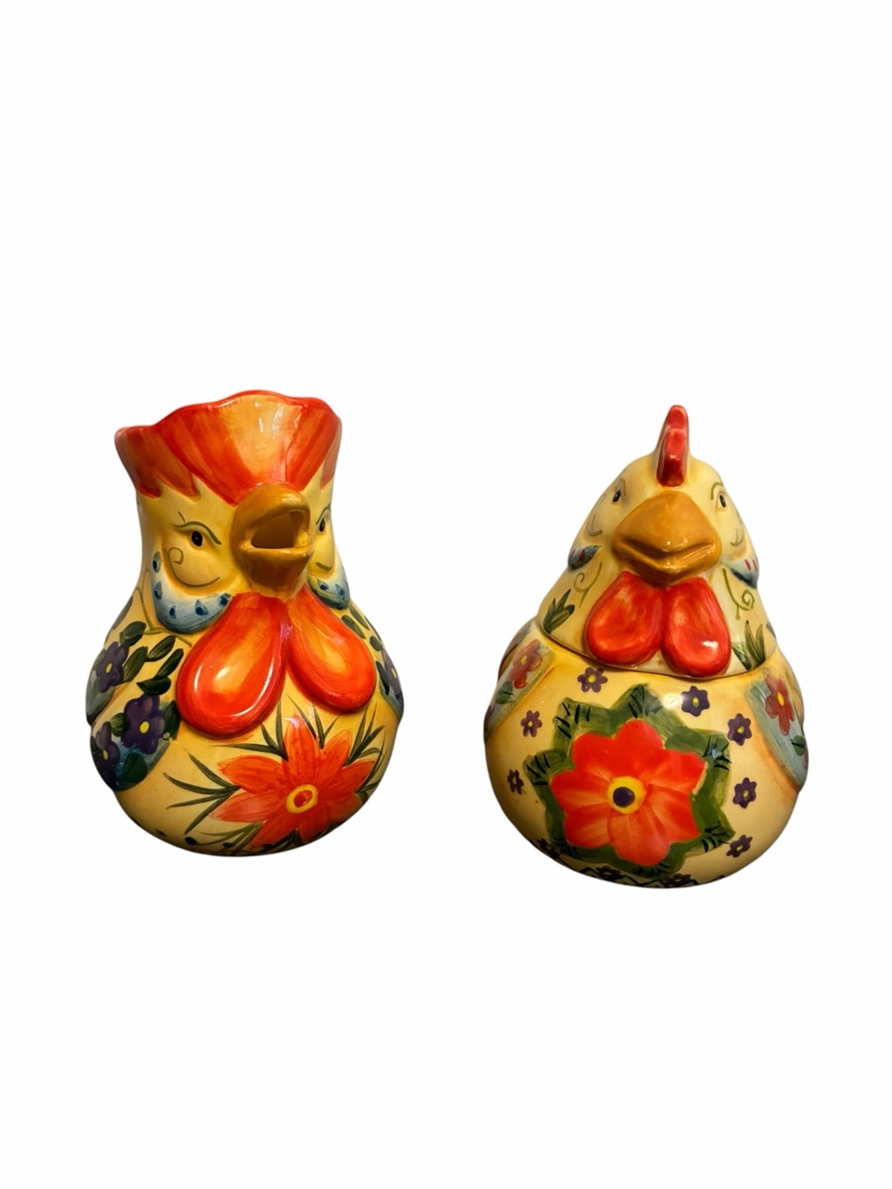 Fontana Dario Farrucci Hand Painted Ceramic Rooster Sugar Bowl and Creamer